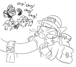Size: 529x469 | Tagged: safe, artist:jargon scott, oc, oc only, earth pony, pony, cheering, chugging, deep rock galactic, driller, drinking, engineer, goggles, grayscale, gunner, liquid morkite, monochrome, pipe (plumbing), ponified, scout, simple background, sketch, this will end in death, white background