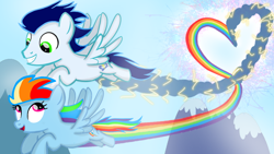 Size: 1280x720 | Tagged: safe, artist:mlplary6, rainbow dash, soarin', pegasus, pony, g4, boyfriend and girlfriend, duo, female, flying, heart, looking at each other, looking at someone, male, mare, rainbow trail, ship:soarindash, shipping, smiling, smiling at each other, speed trail, stallion, straight