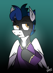 Size: 828x1137 | Tagged: safe, artist:whirlwindflux, oc, oc:whirlwind flux, pegasus, pony, clothes, costume, male, shadowbolts, shadowbolts costume, solo, stallion