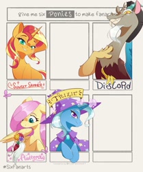 Size: 1976x2360 | Tagged: safe, artist:mindlessnik, artist:mindlesssketching, discord, fluttershy, sunset shimmer, trixie, draconequus, pegasus, pony, unicorn, g4, blushing, brooch, cape, clothes, cute, female, flower, grin, hat, implied discoshy, implied shipping, implied straight, jewelry, male, mare, six fanarts, slots, smiling, trixie's brooch, trixie's cape, trixie's hat