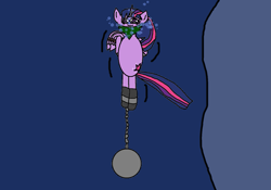 Size: 1369x956 | Tagged: safe, artist:mattjohn1992, twilight sparkle, alicorn, pony, g4, 1000 hours in ms paint, asphyxiation, ball and chain, bound wings, cloth gag, damsel in distress, drowning, gag, looking down, peril, sad, scared, shivering, sinking, struggling, terrified, tied up, underwater, wings, worried