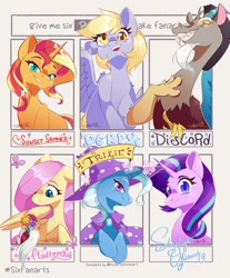 Size: 1976x2384 | Tagged: safe, artist:mindlessnik, artist:mindlesssketching, derpy hooves, discord, fluttershy, starlight glimmer, sunset shimmer, trixie, butterfly, draconequus, pegasus, pony, unicorn, g4, blushing, cape, clothes, cute, female, flower, grin, hashtag, hat, horn, horns, implied discoshy, implied shipping, implied straight, male, mare, name, signature, six fanarts, smiling, trixie's cape, trixie's hat