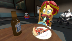 Size: 967x546 | Tagged: safe, artist:ds59, sunset shimmer, human, robot, shy guy, equestria girls, g4, 3d, alcohol, beer, bondage, bound and gagged, cloth gag, food, gag, meat, omnivore sunset, pepperoni, pepperoni pizza, pizza, shocked, shocked expression, super mario bros., tea, tied to chair, tied up, wat, wtf, wtf face
