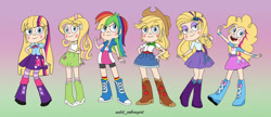 Size: 1280x555 | Tagged: source needed, safe, artist:wild_cobragirl, applejack, fluttershy, pinkie pie, rainbow dash, rarity, twilight sparkle, alicorn, human, equestria girls, g4, blonde, blondening, boots, clothes, clothes swap, cosplay, costume, cowboy boots, female, humane five, humane six, shoes, socks, star butterfly, star vs the forces of evil, twilight sparkle (alicorn)