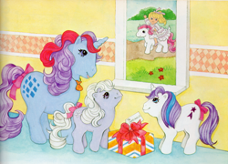 Size: 3400x2450 | Tagged: safe, artist:cathy beylon, baby blossom, baby glory, megan williams, sparkler (g1), sundance, earth pony, human, unicorn, g1, book:baby firefly's adventure and other my little pony stories, bow, female, filly, foal, high res, looking out the window, mare, present, scan, tail, tail bow, white dress, window