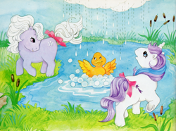 Size: 3400x2526 | Tagged: safe, artist:cathy beylon, baby blossom, baby glory, duck soup, bird, duck, earth pony, pony, unicorn, g1, baby blossomdorable, baby glorybetes, book:baby firefly's adventure and other my little pony stories, bow, bubble, cattails, cute, female, filly, foal, high res, outdoors, pond, rain, reeds, scan, soupabetes, tail, tail bow, water