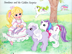 Size: 3000x2248 | Tagged: safe, baby blossom, baby glory, baby surprise, megan williams, earth pony, human, pegasus, unicorn, g1, book:baby firefly's adventure and other my little pony stories, bow, female, filly, foal, high res, outdoors, tail, tail bow, text, tree, white dress