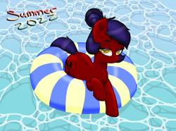 Size: 3200x2380 | Tagged: safe, artist:horsesrnaked, oc, oc only, oc:fluffycuffs, earth pony, pony, alternate hairstyle, cute, eyebrows, eyelashes, floaty, hair bun, high res, inner tube, smiling, solo, stripes, summer, summer2022, swimming, text, water