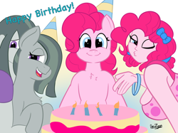 Size: 4098x3072 | Tagged: safe, artist:datzigga, marble pie, pinkie pie, human, pony, equestria girls, g4, birthday, birthday cake, birthday candles, blowing a kiss, cake, female, food, looking at you, mare, one eye closed, self paradox, self ponidox, wink, winking at you