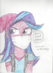Size: 1280x1761 | Tagged: safe, artist:bluesplendont, starlight glimmer, human, equestria girls, g4, angry, cloth gag, clothes, drawing, gag, glare, glarelight glimmer, looking at someone, looking back, revenge, solo, thinking, thought bubble, tied up, traditional art, vengeance