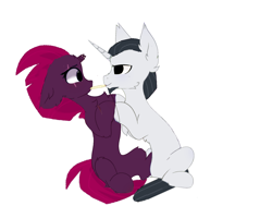 Size: 1704x1288 | Tagged: safe, artist:decokenite, artist:little-sketches, chancellor neighsay, fizzlepop berrytwist, tempest shadow, pony, unicorn, g4, broken horn, chest fluff, chin fluff, duo, ear fluff, eye scar, female, holding hooves, hoof fluff, horn, just kiss already, male, mare, missing accessory, neck fluff, nibbling, scar, shipping, simple background, snack, sneaky, stallion, straight, tempest neighsay, white background
