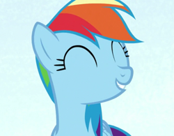 Size: 667x520 | Tagged: safe, screencap, rainbow dash, pegasus, pony, all bottled up, g4, season 7, best friends until the end of time, cropped, cute, dashabetes, eyes closed, female, light blue background, mare, simple background, smiling, solo