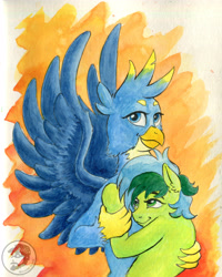 Size: 4271x5352 | Tagged: safe, artist:invalid-david, gallus, sandbar, earth pony, griffon, pony, g4, abstract background, duo, duo male, gay, hug, male, ship:gallbar, shipping, traditional art, watercolor painting