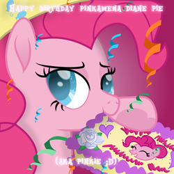 Size: 5120x5120 | Tagged: safe, artist:php178, derpibooru exclusive, pinkie pie, earth pony, pony, pink fluffy unicorns dancing on rainbows, g4, my little pony: the movie, party of one, .svg available, absurd resolution, beautiful, beautiful eyes, beautiful hair, bedroom eyes, birthday cake, cake, chewing, chewing ponies, colored pupils, confetti, cute, diapinkes, eating, female, food, gradient background, happy birthday, hapvw mnulh milnum nim, heart, hoof heart, hoof hold, lidded eyes, looking at you, mouth hold, movie accurate, pinkamena diane pie, pinkie pie's birthday, raised hoof, simple background, smiling, smiling at you, solo, svg, vector, written equestrian
