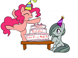 Size: 1280x950 | Tagged: safe, artist:a.s.e, marble pie, pinkie pie, birthday, birthday cake, cake, female, food, happy, hat, party hat, simple background, white background