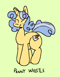 Size: 1287x1659 | Tagged: safe, artist:qoolguy, oc, oc only, oc:penny whistle, pony, unicorn, blushing, eyes closed, female, freckles, mare, simple background, smiling, solo, yellow background