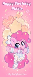 Size: 1200x2766 | Tagged: safe, artist:oofycolorful, pinkie pie, earth pony, pony, g4, balloon, bow, clothes, cute, diapinkes, dress, ear fluff, female, happy birthday, mare, open mouth, pinkie pie's birthday, solo