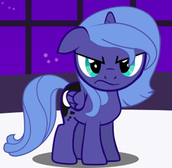 Size: 390x380 | Tagged: safe, artist:derek pony, princess luna, alicorn, pony, g4, angry, blue eyes, canterlot, cute, female, filly, filly luna, foal, horn, looking at you, luna is not amused, madorable, moon, night, solo, stars, unamused, wings, woona, young luna, younger, youtube link