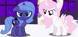 Size: 801x380 | Tagged: safe, artist:derek pony, princess celestia, princess luna, alicorn, pony, g4, angry, canterlot, cewestia, female, filly, filly celestia, filly luna, foal, horn, moon, night, pink-mane celestia, royal sisters, sibling rivalry, siblings, sisters, stars, sun, wings, woona, young, young celestia, young luna, younger, youtube link