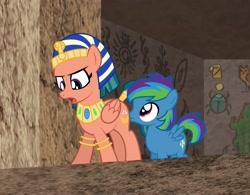 Size: 4096x3198 | Tagged: safe, artist:aleximusprime, somnambula, oc, oc:storm streak, pegasus, pony, fanfic:let my ponies go, flurry heart's story, g4, colt, duo, egyptian, egyptian headdress, egyptian pony, female, foal, hieroglyphics, let my ponies go, looking down, male, mare, offspring, open mouth, parent:oc:thunderhead, parent:rainbow dash, parents:canon x oc, parents:rainbowhead, ruins