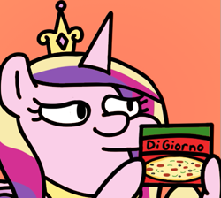 Size: 501x448 | Tagged: safe, artist:fluttershank, princess cadance, alicorn, pony, canterlot wedding 10th anniversary, g4, three's a crowd, crown, digiorno, food, jewelry, meat, meme, peetzer, pizza, ponies eating meat, regalia, squatpony, that pony sure does love pizza