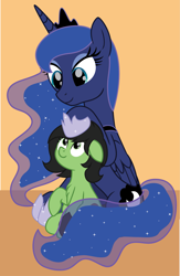 Size: 2713x4167 | Tagged: safe, anonymous artist, princess luna, oc, oc:filly anon, alicorn, earth pony, pony, duo, duo female, earth pony oc, female, filly, foal, high res, looking at each other, looking at someone, ponybooru import, simple background, sitting, smiling, smiling at each other
