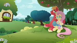 Size: 1920x1080 | Tagged: safe, anonymous artist, big macintosh, fluttershy, oc, oc:late riser, earth pony, pegasus, pony, series:fm holidays, g4, alternate hairstyle, apple, apple tree, arbor day, baby bottle, colt, family, female, fluttershy's cottage, foal, holding a pony, hoof hold, hoof on shoulder, lineless, male, mare, no pupils, offspring, outdoors, parent:big macintosh, parent:fluttershy, parents:fluttermac, ship:fluttermac, shipping, smiling, stallion, straight, swaddling, tree, under the tree