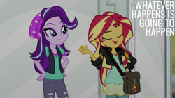 Size: 1280x720 | Tagged: safe, edit, edited screencap, editor:quoterific, screencap, starlight glimmer, sunset shimmer, human, equestria girls, equestria girls specials, g4, my little pony equestria girls: mirror magic, clothes, duo, duo female, eyes closed, female, geode of empathy, jacket, jewelry, leather, leather jacket, magical geodes, necklace, open mouth, open smile, smiling, statue, text