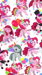 Size: 749x1331 | Tagged: safe, artist:efuji_d, madame leflour, marble pie, pinkie pie, earth pony, pony, g4, balloon, bowtie, clothes, confetti, female, frown, hat, mare, multeity, party hat, pinkamena diane pie, rainbow power, smiling, spats, tiled background, too much pink energy is dangerous, top hat, tuxedo