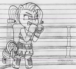 Size: 1280x1160 | Tagged: safe, artist:ct1443ae, rarity, unicorn, semi-anthro, g4, boxers, boxing, boxing gloves, boxing ring, boxing shorts, clothes, lined paper, mouth guard, open mouth, pencil drawing, shoes, shorts, sports, traditional art, underwear