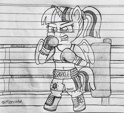 Size: 1280x1164 | Tagged: safe, artist:ct1443ae, twilight sparkle, alicorn, pony, g4, boxers, boxing, boxing gloves, boxing ring, boxing shorts, clothes, lined paper, pencil drawing, shoes, shorts, solo, sports, traditional art, twilight sparkle (alicorn), underwear