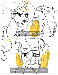 Size: 992x1280 | Tagged: safe, artist:maren, princess celestia, oc, oc:blue chewings, alicorn, earth pony, pony, g4, 2 panel comic, bread, chew toy, comic, duo, female, food, gordon ramsay, hand, hooves debate, idiot sandwich, lineart, magic, magic hands, mare, meme, partial color, simple background, subtitles, white background