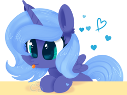 Size: 1282x958 | Tagged: safe, artist:cutiesparke, princess luna, alicorn, pony, :p, big eyes, ear fluff, female, filly, foal, heart, hoof heart, hooves on the table, simple background, solo, spread wings, table, tongue out, white background, wings, woona, young luna, younger