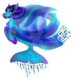 Size: 1920x2055 | Tagged: safe, artist:cupidauctions, oc, oc only, merpony, seapony (g4), adoptable, colored pupils, deviantart watermark, female, fin wings, fins, fish tail, flowing mane, flowing tail, jewelry, obtrusive watermark, purple eyes, purple mane, simple background, smiling, solo, tail, transparent background, watermark, wings
