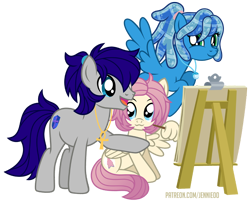 Size: 990x800 | Tagged: safe, artist:jennieoo, oc, oc:gentle star, oc:maverick, oc:ocean soul, earth pony, pegasus, pony, :3, cute, flying, happy, ocbetes, painting, pointing, ponytail, show accurate, simple background, transparent background, vector