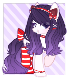 Size: 967x1095 | Tagged: safe, artist:toffeelavender, oc, oc only, earth pony, pony, bow, choker, clothes, earth pony oc, eye clipping through hair, female, grin, mare, raised hoof, simple background, smiling, socks, solo, striped socks, tail, tail bow, transparent background
