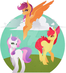 Size: 1280x1419 | Tagged: safe, artist:ryrxian, apple bloom, scootaloo, sweetie belle, earth pony, pegasus, pony, unicorn, g4, bow, cutie mark crusaders, deviantart watermark, female, filly, foal, hair bow, mare, obtrusive watermark, simple background, transparent background, watermark