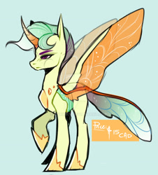 Size: 1600x1767 | Tagged: safe, artist:ryrxian, oc, oc only, changeling, changepony, hybrid, pony, changeling oc, deviantart watermark, interspecies offspring, obtrusive watermark, offspring, parent:princess celestia, parent:thorax, parents:thoralestia, raised hoof, simple background, solo, watermark