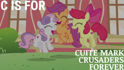 Size: 1280x720 | Tagged: safe, edit, edited screencap, editor:quoterific, screencap, apple bloom, scootaloo, sweetie belle, earth pony, pegasus, pony, unicorn, crusaders of the lost mark, g4, season 5, adorabloom, alphabet, cute, cutealoo, cutie mark crusaders, cutie mark cuties, diasweetes, excited, female, filly, foal, happy, jumping, misspelling, trio, trio female