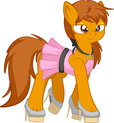 Size: 1920x2057 | Tagged: safe, artist:alexdti, oc, oc:zip circuit, earth pony, pony, clothes, commission, crossdressing, dress, high heels, makeup, male, pink dress, shoes, simple background, solo, stallion, transparent background, unshorn fetlocks, your character here