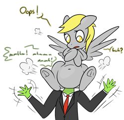 Size: 1940x1880 | Tagged: safe, artist:happy harvey, derpy hooves, oc, oc:anon, human, pegasus, pony, g4, accident, accidental vore, ambiguous penetration, anal vore, belly button, clothes, colored pupils, derpypred, dialogue, female, frog (hoof), head up butt, implied unbirthing, male, mare, necktie, penetration, phone drawing, simple background, spread legs, spread wings, spreading, stuck, suit, transparent background, underhoof, waving, wings