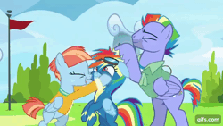 Size: 640x360 | Tagged: safe, screencap, bow hothoof, rainbow dash, windy whistles, pegasus, pony, g4, parental glideance, season 7, animated, bipedal, clothes, cute, eyes closed, female, floppy ears, gif, gifs.com, male, mare, open mouth, open smile, parents being parents, smiling, stallion, trio, uniform, wonderbolts uniform