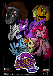 Size: 2481x3508 | Tagged: safe, artist:memprices, applejack, fluttershy, king sombra, pinkie pie, rainbow dash, rarity, twilight sparkle, alicorn, earth pony, pegasus, pony, unicorn, g4, antagonist, crossover, dreamworks face, evil grin, eye clipping through hair, eyebrows, eyebrows visible through hair, eyes closed, eyeshadow, female, frown, grin, high res, logo, makeup, male, mare, may the fourth be with you, movie poster, my little x, open mouth, open smile, parody, shading, signature, smiling, social media, stallion, star wars, star wars: the force awakens, twilight sparkle (alicorn)