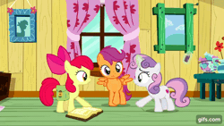 Size: 640x360 | Tagged: safe, screencap, apple bloom, scootaloo, sweetie belle, earth pony, pegasus, pony, unicorn, g4, season 9, the last crusade, animated, apple bloom's bow, bag, bow, clubhouse, crusaders clubhouse, cutie mark crusaders, female, filly, foal, gif, gifs.com, hair bow, magic, open mouth, saddle bag, spread wings, telekinesis, wings