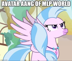 Size: 583x500 | Tagged: safe, edit, edited screencap, screencap, silverstream, classical hippogriff, hippogriff, g4, uprooted, aang, avatar silverstream, avatar the last airbender, caption, female, image macro, imgflip, pose, proud, smiling, solo, spread wings, text, wings