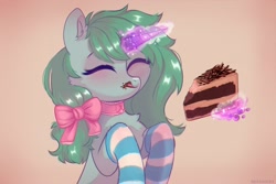 Size: 3000x2000 | Tagged: safe, artist:raily, oc, oc only, pony, unicorn, bow, cake, cake slice, clothes, eating, food, hair bow, high res, magic, socks, solo, striped socks, telekinesis, tongue out