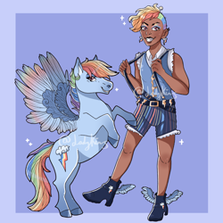 Size: 2048x2048 | Tagged: safe, artist:ladykins, rainbow dash, human, pegasus, pony, g4, belt, boots, clothes, dark skin, duality, duo, ear piercing, earring, eyeshadow, female, grin, high heel boots, high res, humanized, jewelry, makeup, mare, piercing, self paradox, self ponidox, shirt, shoes, shorts, smiling, suspenders, unshorn fetlocks, vest
