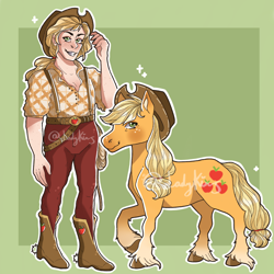 Size: 2048x2048 | Tagged: safe, artist:ladykins, applejack, earth pony, human, pony, g4, applejack's hat, belt, boots, clothes, cowboy boots, cowboy hat, duality, female, flannel, freckles, grin, hat, high res, humanized, jeans, lasso, mare, markings, pants, raised hoof, rope, self paradox, self ponidox, shoes, smiling, suspenders, unshorn fetlocks
