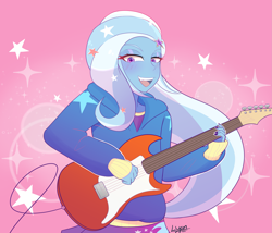 Size: 4311x3689 | Tagged: safe, artist:lyonzyon, trixie, human, equestria girls, g4, abstract background, clothes, cute, diatrixes, electric guitar, guitar, hairpin, hand, hoodie, looking at you, musical instrument, open mouth, solo