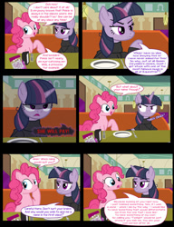 Size: 1042x1358 | Tagged: safe, artist:dendoctor, mean twilight sparkle, pinkie pie, alicorn, earth pony, pony, comic:clone.., g4, alternate universe, clone, clothes, comic, diner, female, food, fork, pepper, pinkie clone, plate, salt, taffy, twilight sparkle (alicorn)